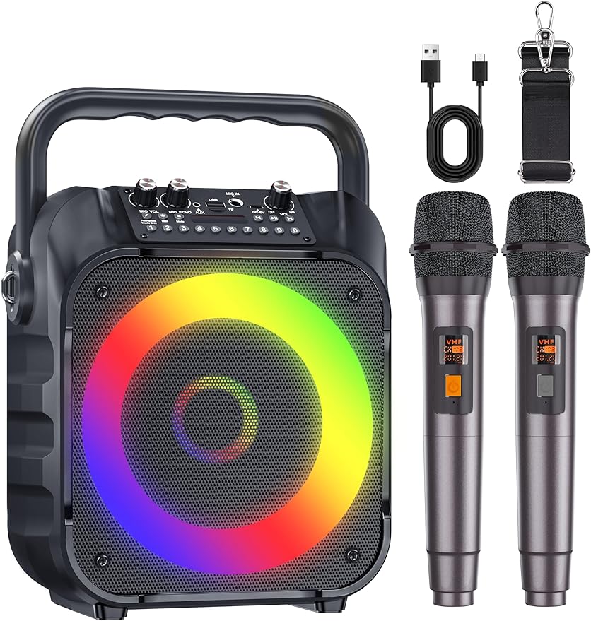 Karaoke Machine with Two Wireless Microphones, Portable Karaoke Machine for Adults & Kids, Portable Bluetooth Speaker with PA System, LED Lights, Supports TF Card