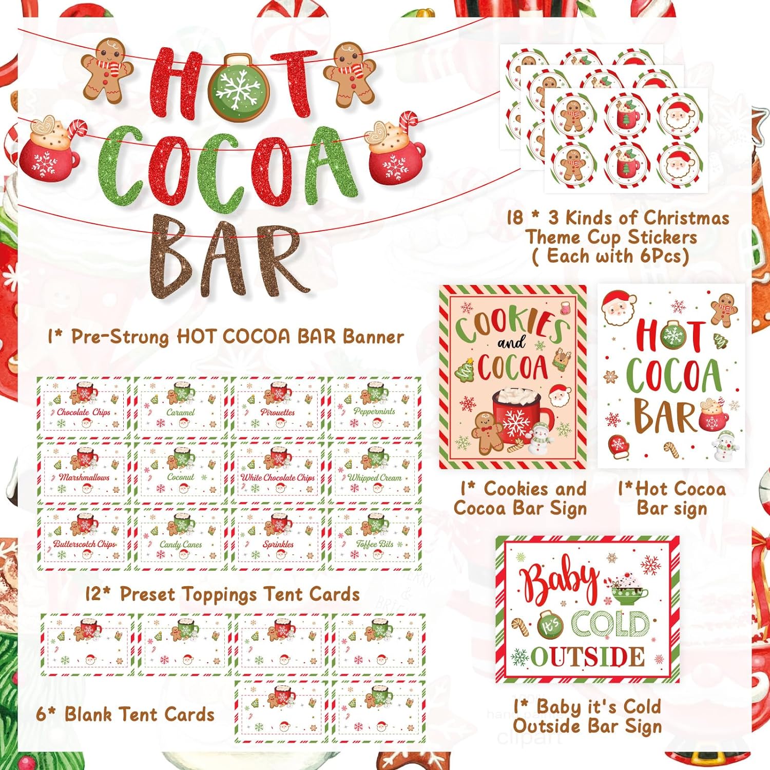 Hot Chocolate Bar Kit, Green Red Christmas Hot Cocoa Bar Supplies - Cykapu
