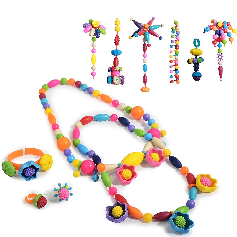 370pcs/set Children's DIY Cordless String Beads, Children's Educational Splicing Toys, Popper Beaded Bracelet Necklace