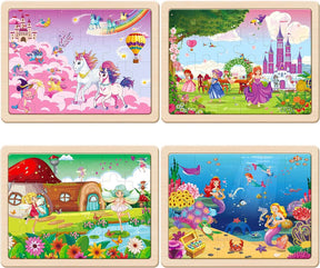 4 PCS Unicorn Mermaid Princess Fairy Wooden Puzzles for Kids Ages 3-5 - Cykapu