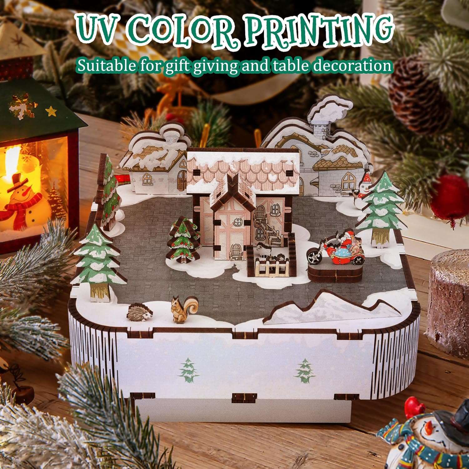 3D Wooden Puzzles Christmas Village Houses Music Box - Colorful Wood Model Building Kits - Cykapu