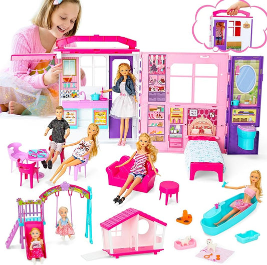 Style Shine Dream Doll House Portable & Foldable DollHouse w/ 60+ Pcs & 2 Dolls - Cykapu