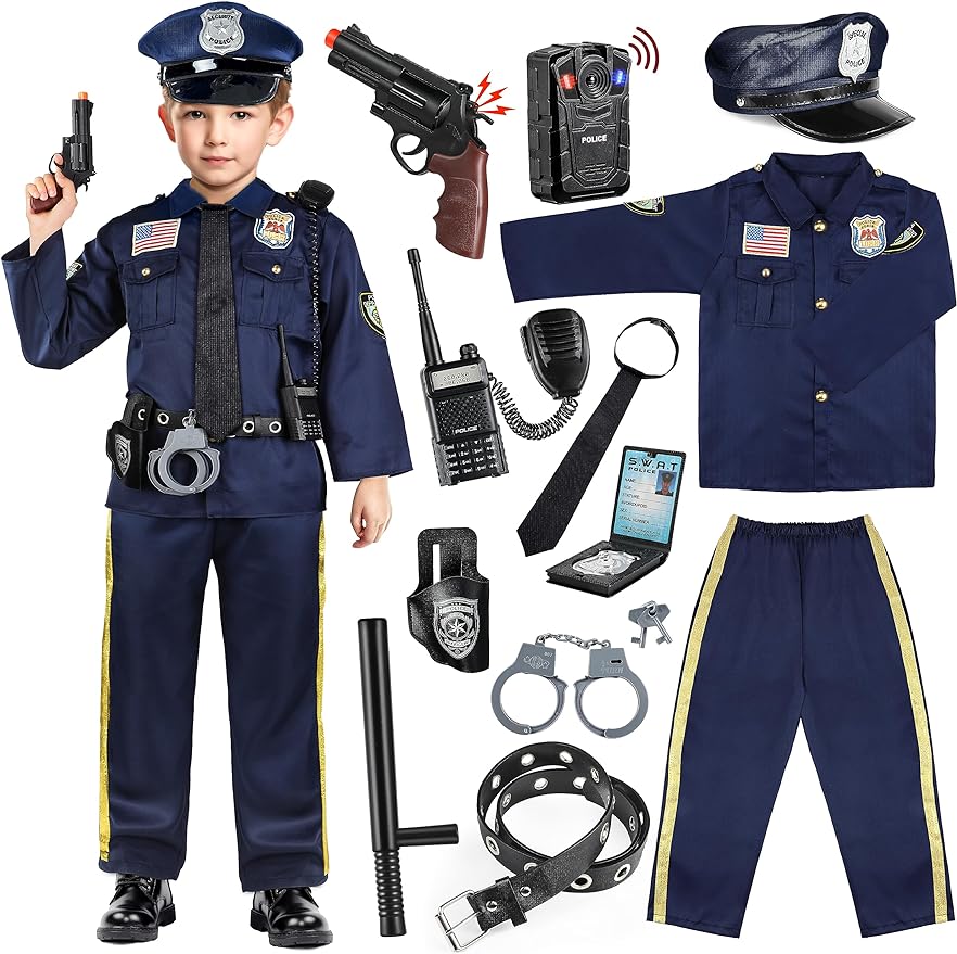 Police Officer Costume for Kids - Deluxe Police Costume for Kids with Accessories, Kids Halloween Costumes - Cykapu