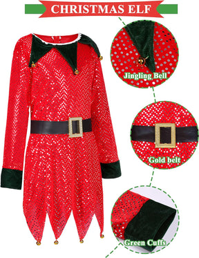 Elf Costume for Girls Kids Christmas Dress with Elf Hat Glasses Belt Striped High Socks - Cykapu