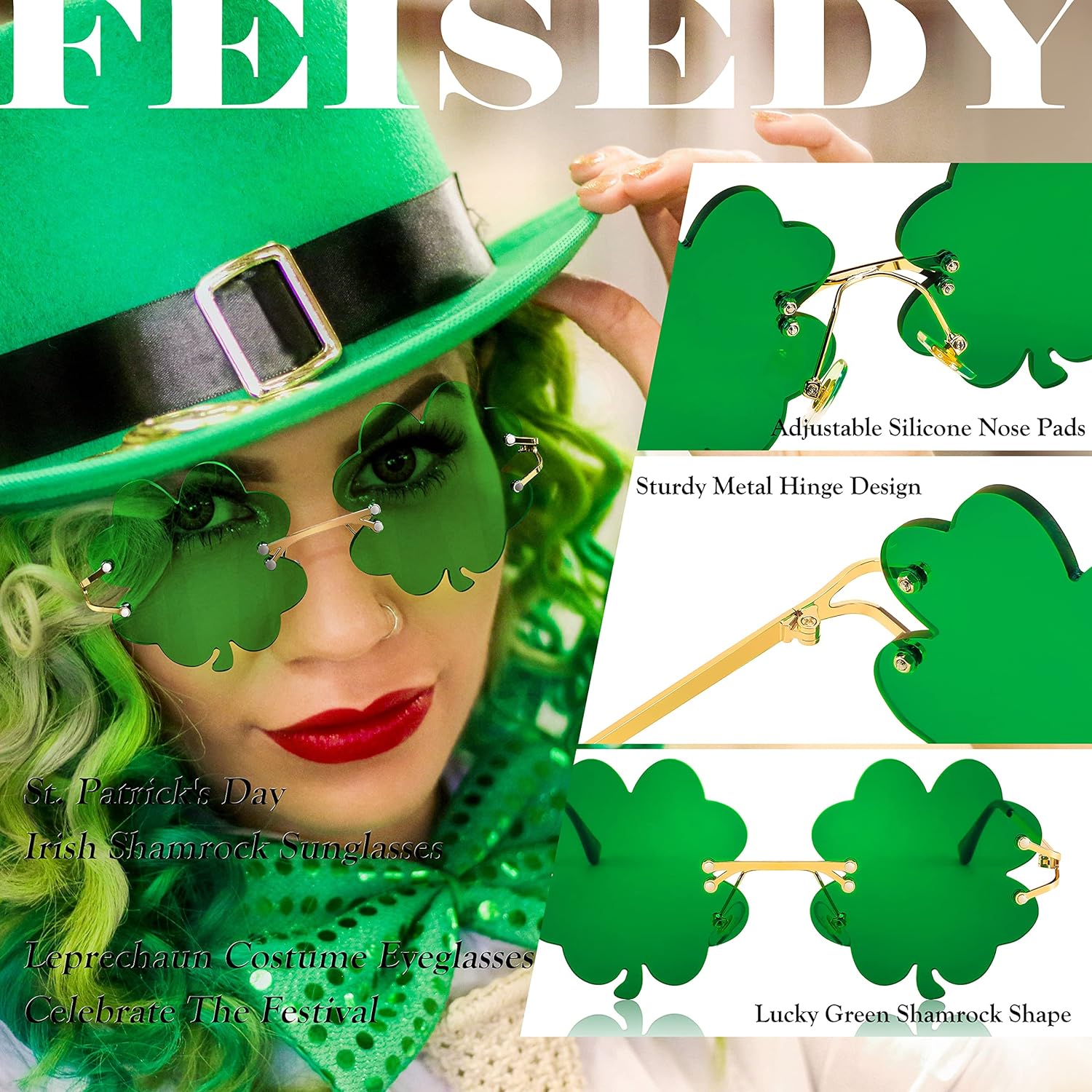 St. Patrick's Day Irish Shamrock Sunglasses Lucky Green Leprechaun Costume Eyeglasses for Women Men B2369