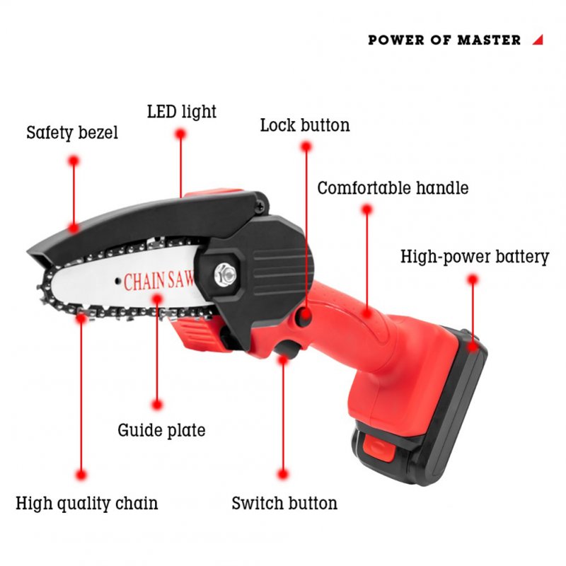 Mini Electric Chain Saw Woodworking Lithium Battery Chainsaw Wood Cutter Cordless Garden Rechargeable Tool Red U.S. plug Cykapu