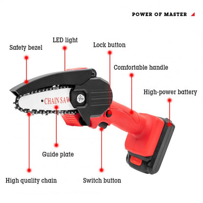 Mini Electric Chain Saw Woodworking Lithium Battery Chainsaw Wood Cutter Cordless Garden Rechargeable Tool Red U.S. plug Cykapu