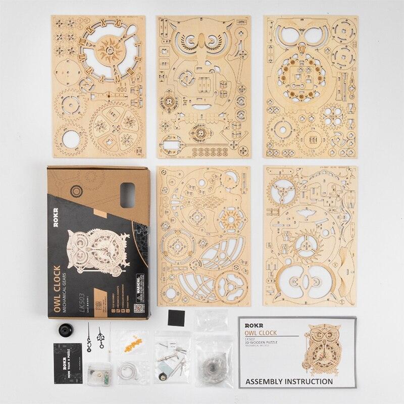 Robotime ROKR 3D Wooden Puzzle Owl Clock Wall Model Building Block Kit