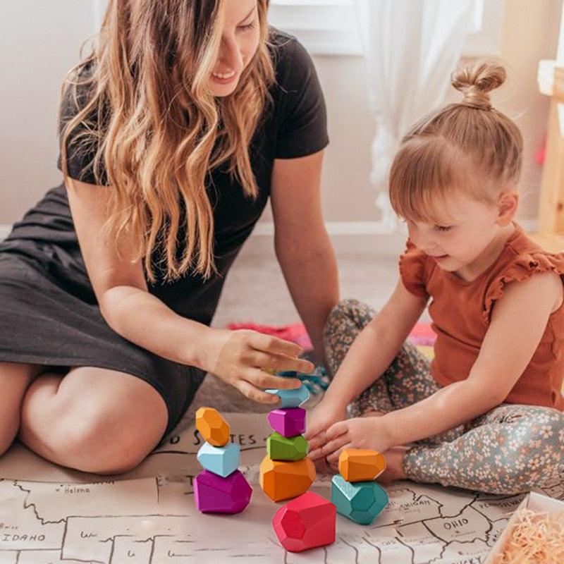Wooden Rainbow Stones Building Blocks Colorful Stacker Balancing Games Montessori Educational Toys