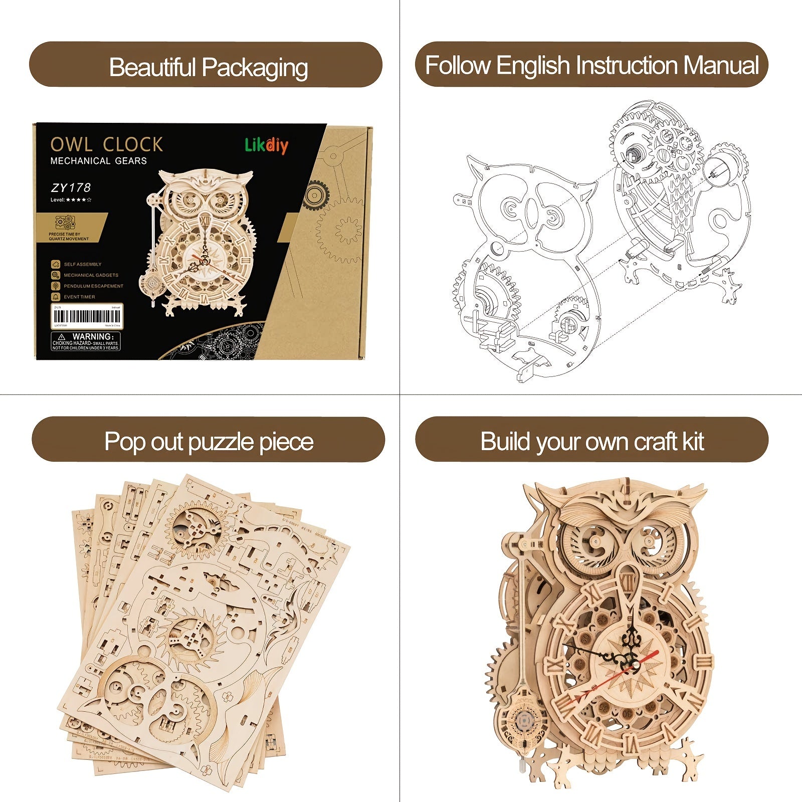 3D Wooden Puzzle For Adults Owl Clock Model Kit Desk Clock Home Decor Unique Gift