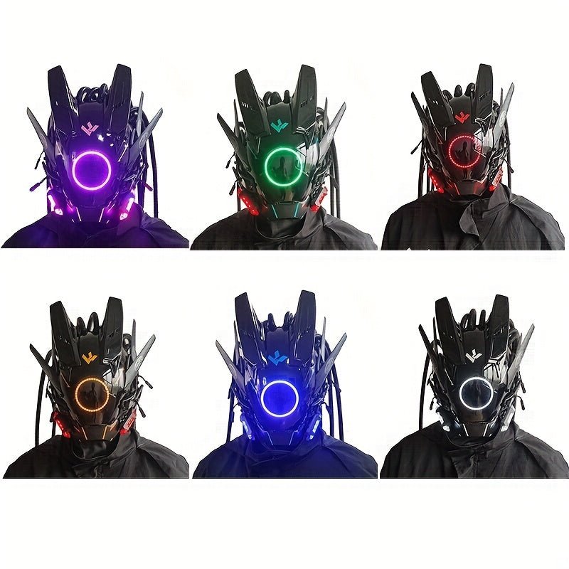 Fashion Cool LED Lights Punk Mask With Tubular Braid，Futurist Science Fiction Mechanical Mask Halloween Cosplay Samurai Masks Music Festival Party Coolplay Accessories For Adults Gift - Cykapu