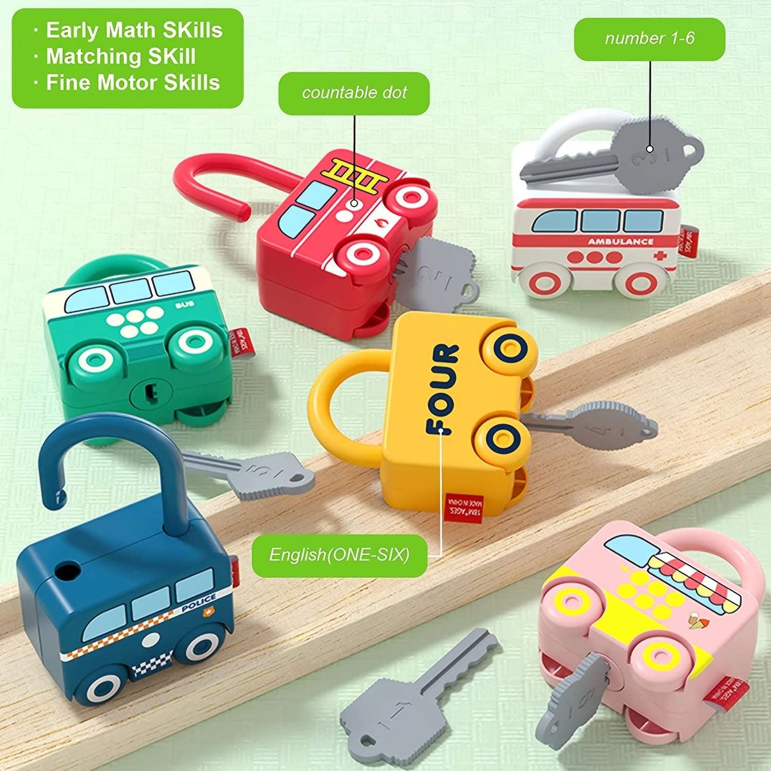 6 Pieces Montessori Educational Learning Toys Sorting Matching Locks And Keys Sensory Car Activity - Cykapu