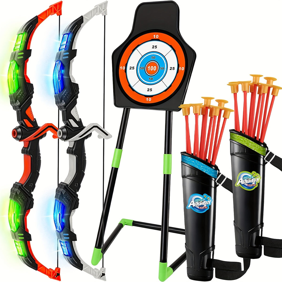 Kids Bow And Arrow Toy Set For Kids 4-6-8-12 Years Old, Archery Toy Set With LED Light - Includes 2 Bows, 20 Suction Cup Arrows, 2 Arrows And 1 Vertical Target