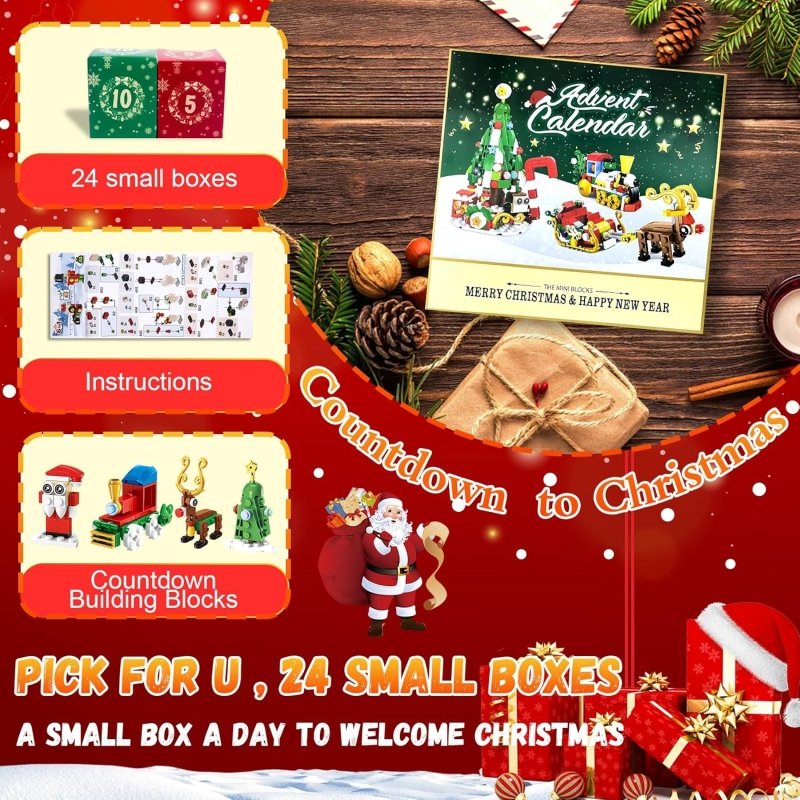 Christmas Advent Calendar 2024 Building Blocks for Kids & Adults - 24 Pack Assembly Blocks 24 Days Countdown Advent Calendar with Christmas Tree, Reindeer Sleigh & Train, Christmas Gifts for Kids - Cykapu