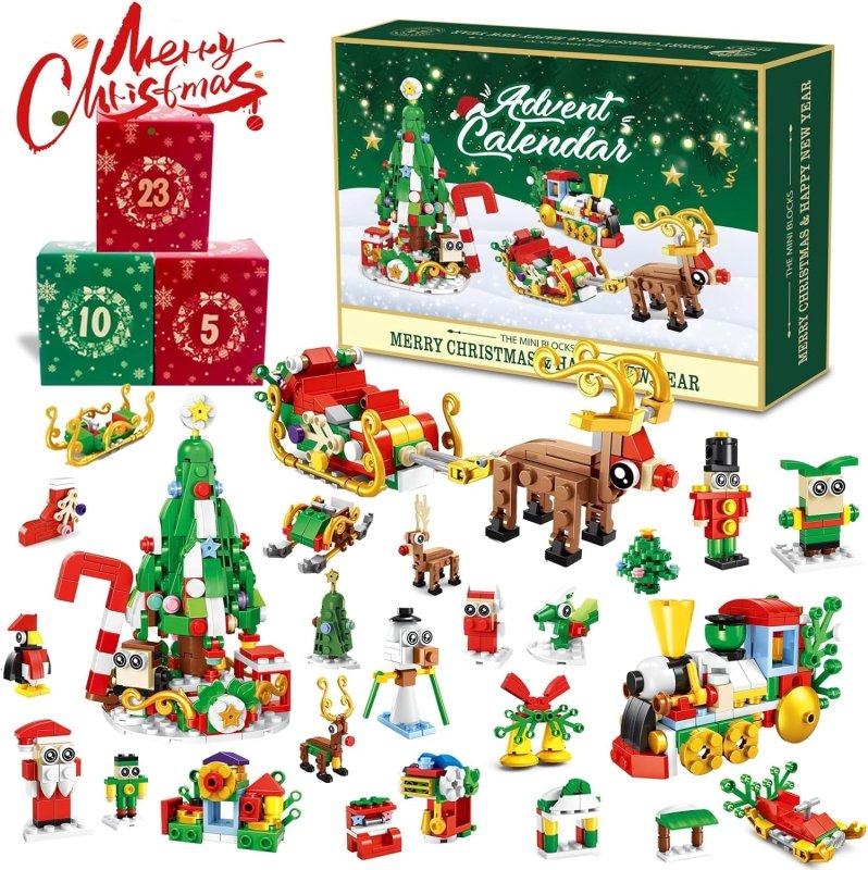 Christmas Advent Calendar 2024 Building Blocks for Kids & Adults - 24 Pack Assembly Blocks 24 Days Countdown Advent Calendar with Christmas Tree, Reindeer Sleigh & Train, Christmas Gifts for Kids - Cykapu