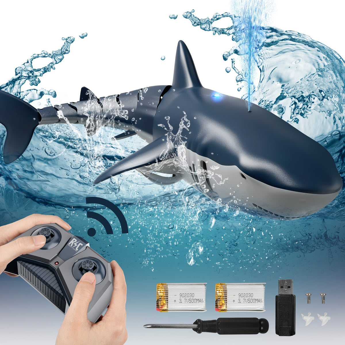 TEMI Remote Control Shark 1:18 High Simulation Scale Fish With Light & Spray Water For Lake Bathroom Pool Toys For Kids Boys Halloween Christmas Birthday Gift RC Boat