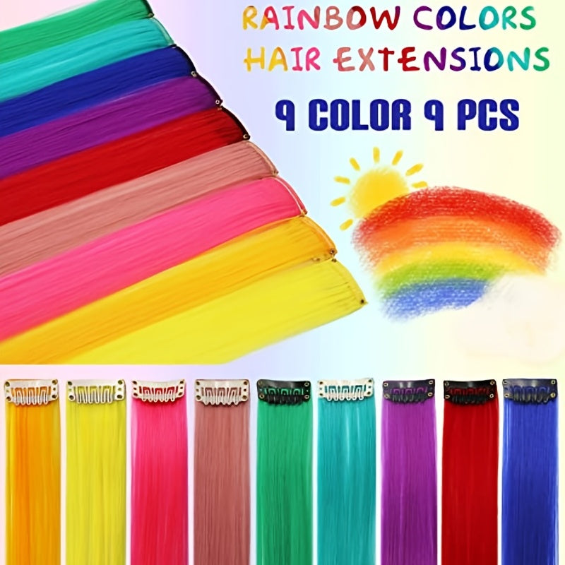 9 pcs Multicolored Clip-In Hair Extensions for Women - Perfect for Parties, Cosplay, and Y2K Style Highlights Cykapu