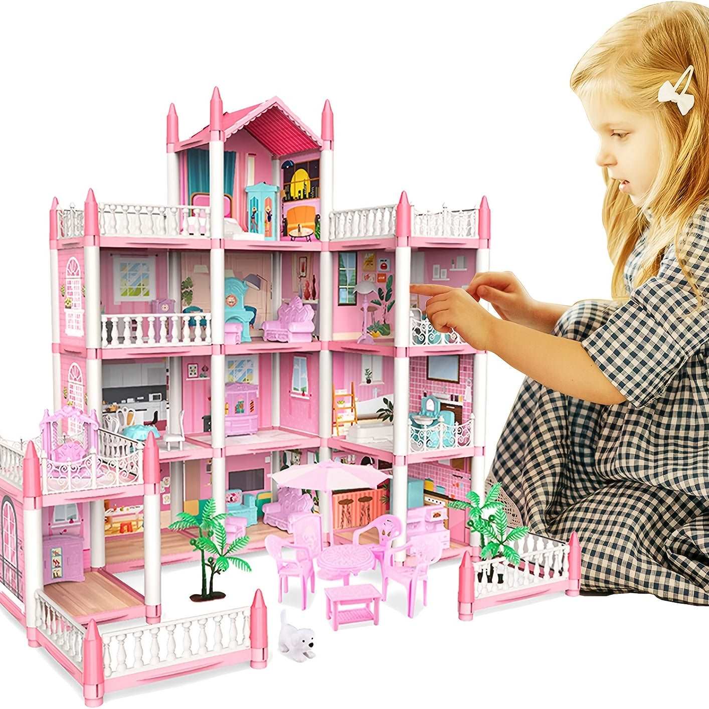 11-Room Pink Dollhouse Set With DIY Furniture Accessories - Perfect Birthday Gift - Cykapu