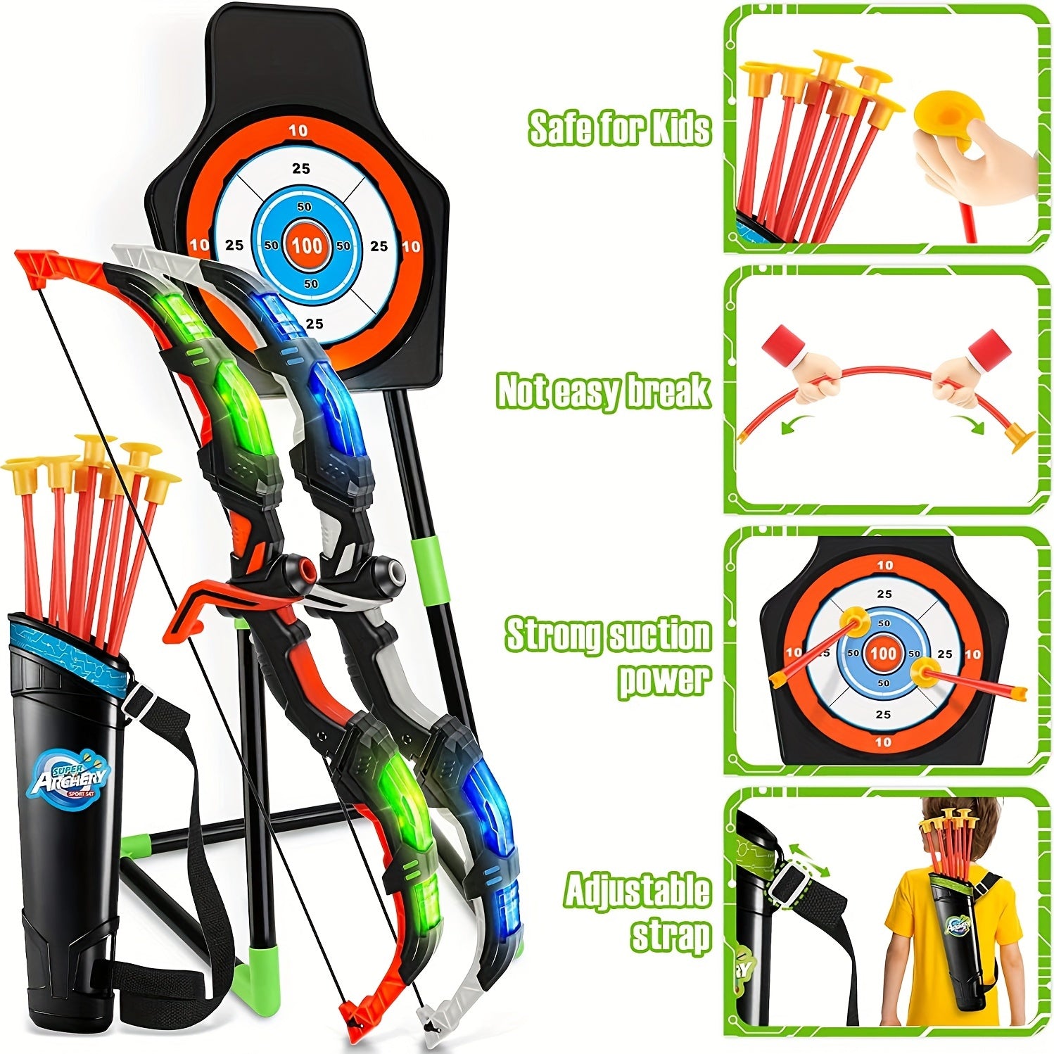 Kids Bow And Arrow Toy Set For Kids 4-6-8-12 Years Old, Archery Toy Set With LED Light - Includes 2 Bows, 20 Suction Cup Arrows, 2 Arrows And 1 Vertical Target