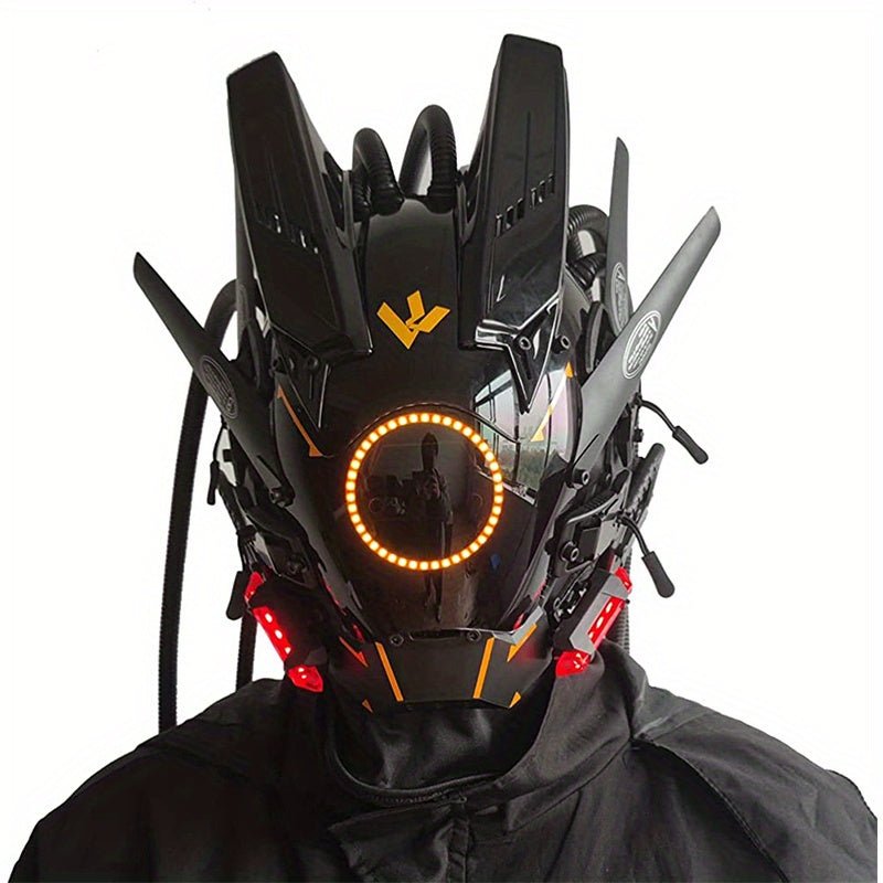 Fashion Cool LED Lights Punk Mask With Tubular Braid，Futurist Science Fiction Mechanical Mask Halloween Cosplay Samurai Masks Music Festival Party Coolplay Accessories For Adults Gift