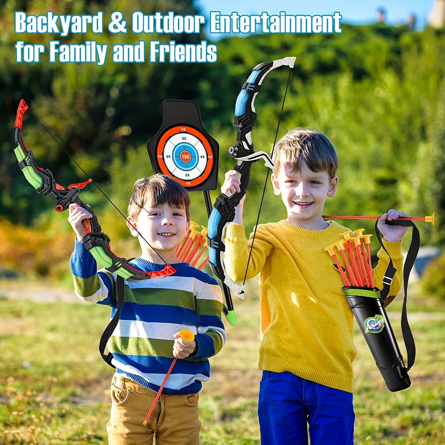 Kids Bow And Arrow Toy Set For Kids 4-6-8-12 Years Old, Archery Toy Set With LED Light - Includes 2 Bows, 20 Suction Cup Arrows, 2 Arrows And 1 Vertical Target - Cykapu