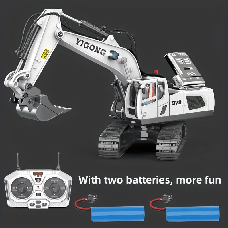 2.4Ghz Remote Control Excavator 2 Batteries Toy Metal Shovel,11 Channel RC Construction Vehicles Digger Light Sound