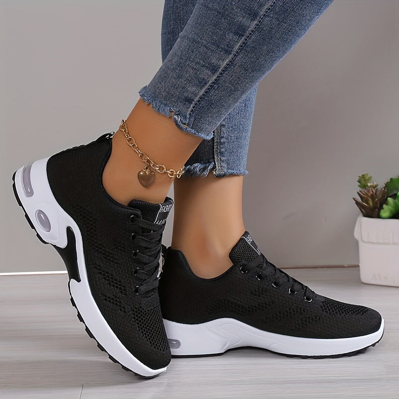 Women's Air Cushion Sports Shoes, Comfortable Lace Up Knitted Low Top Running Sneakers