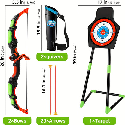 Kids Bow And Arrow Toy Set For Kids 4-6-8-12 Years Old, Archery Toy Set With LED Light - Includes 2 Bows, 20 Suction Cup Arrows, 2 Arrows And 1 Vertical Target - Cykapu