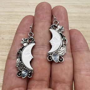 Exquisite Moon Face Flower Leaf Design With Blue Shiny Zircon Decor Dangle Earrings Retro Elegant Style Alloy Silver Plated Jewelry Female Gift
